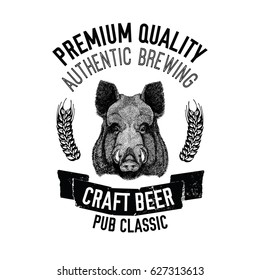 Hand drawn beer emblem with wild hog, boar, pig Template for badge, logo, menu cover, patch
