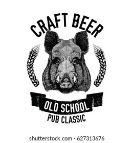 Hand drawn beer emblem with wild hog, boar, pig Template for badge, logo, menu cover, patch