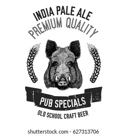 Hand drawn beer emblem with wild hog, boar, pig Template for badge, logo, menu cover, patch