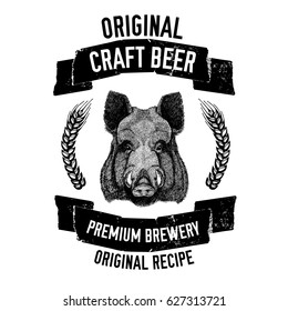 Hand drawn beer emblem with wild hog, boar, pig Template for badge, logo, menu cover, patch
