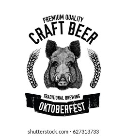 Hand drawn beer emblem with wild hog, boar, pig Template for badge, logo, menu cover, patch