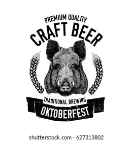 Hand drawn beer emblem with wild hog, boar, pig Template for badge, logo, menu cover, patch