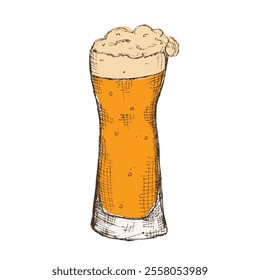 Hand drawn beer glass with foam. Great for brewery emblem or beer party design. Oktoberfest symbol. Vector illustration