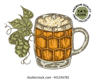 Hand drawn beer glass with hops plant. Alcohol drink sketch vector illustration