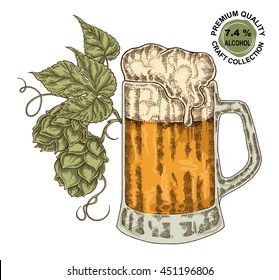 Hand drawn beer glass with hops plant. Alcohol drink sketch vector illustration