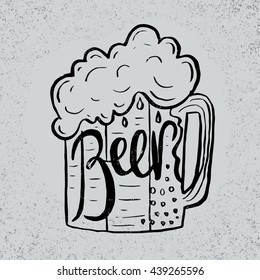 Hand drawn beer in glass mug with text on grunge background. Retro greeting card.Vector illustration