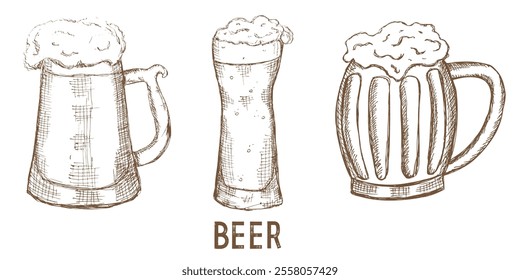 Hand drawn beer glasses with foam. Great for brewery emblem or beer party design. Oktoberfest symbol. Vector illustration