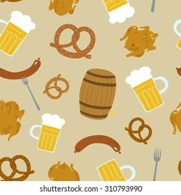 Hand drawn beer glasses, pretzel, sausage, chicken and beer barrel seamless pattern. Oktoberfest background.