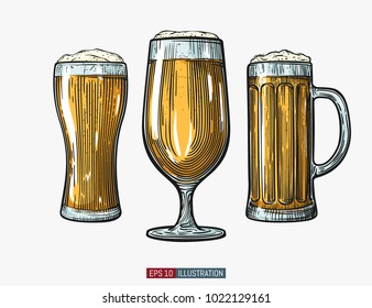 Hand drawn beer glasses set. Engraved style. Template for your design works. Vector illustration.