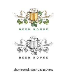 Hand drawn beer house logo template. Colorful and monochrome variation. Vector illustration