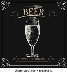 Hand drawn beer isolated on chalkboard. Beer elements sketch vector illustrator. Retro style