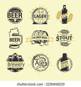 Logotipo de cerveza dibujada a mano, etiqueta y vector de colección de emblemas de cerveza