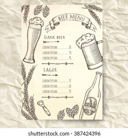 Hand Drawn Beer Menu Template. Editable Vector Isolated Objects.