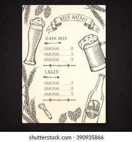 Hand drawn beer menu template. Editable vector isolated objects.