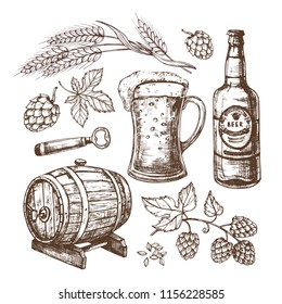 Hand drawn beer mug, barrel, wheat and malts ears, hops. Isolated vector set in engraving style. Beer barrel, mug and barley illustration