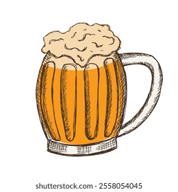 Hand drawn beer mug with foam. Great for brewery emblem or beer party design. Oktoberfest symbol. Vector illustration