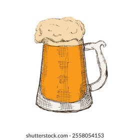 Hand drawn beer mug with foam. Great for brewery emblem or beer party design. Oktoberfest symbol. Vector illustration