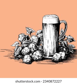 hand drawn beer mug with hops, vector image, sketch, historical illustrations, black and white