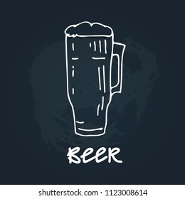 Hand drawn beer mug isolated on chalkboard background. Design element beer menu for restaurant or cafe.