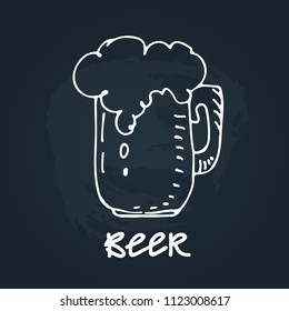 Hand drawn beer mug isolated on chalkboard background. Design element beer menu for restaurant or cafe.