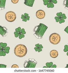 Hand Drawn Beer Mug, Leprechaun Golden Coins and Green Lucky Shamrock Vector Seamless Background Pattern. Saint Patrick Celebration Greeting Sketches Card, Wrapping or Cover Template.