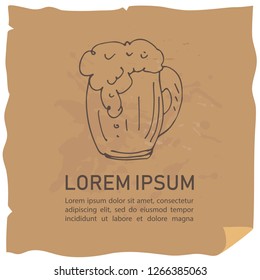 Hand drawn beer mug and text frame isolated on craft paper background. Template for leaflets or booklets.