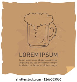 Hand drawn beer mug and text frame isolated on craft paper background. Template for leaflets or booklets.