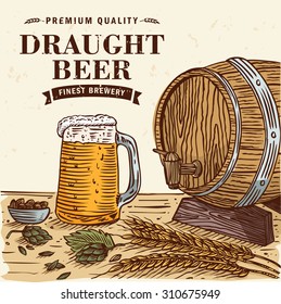 Hand drawn of beer mug and wooden barrel on a table