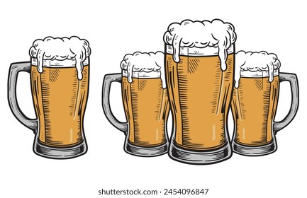 Hand drawn beer mugs full of beer and foam.vector illustration