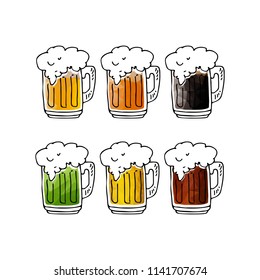 Hand drawn beer mugs isolated on white background. Design elements beer menu for restaurant or bar.