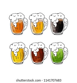 Hand drawn beer mugs isolated on white background. Design elements beer menu for restaurant or bar.