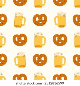 Hand drawn beer mugs and pretzels. Doodle seamless pattern. Perfect for Oktoberfest promotions, bar decorations, or food designs.