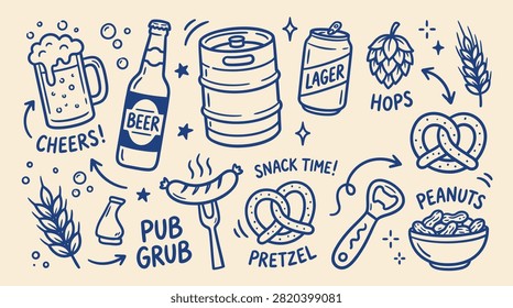 Hand Drawn Beer Pub Doodles With Mug Bottle Keg Lager Can Hops Pretzel Sausage Peanuts and Bottle Opener