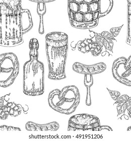 Hand drawn beer seamless background in sketch style. Vector illustration vintage