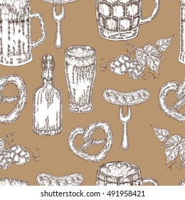 Hand drawn beer seamless background in sketch style. Vector illustration vintage