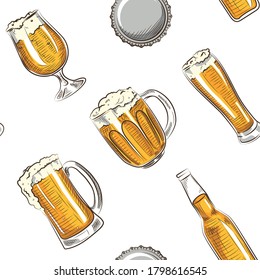 Hand drawn beer seamless pattern  illustration  particularly well-suited to bars & clubs. However, the design style is also ideal for Oktoberfest and pretty much any other restaurants.