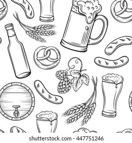 Hand drawn beer seamless pattern. Decorative seamless pattern beer in lineart ink style.