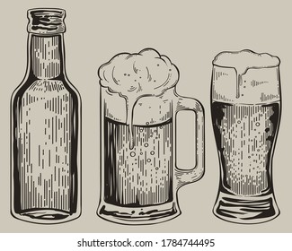 Hand drawn beer set with engraving style