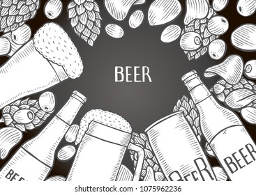 Hand drawn beer set on chalkboard, vector background with empty space for text