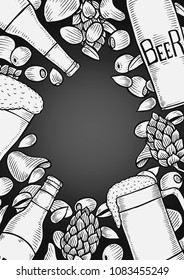 Hand drawn beer set on chalkboard, vector background with empty space for text