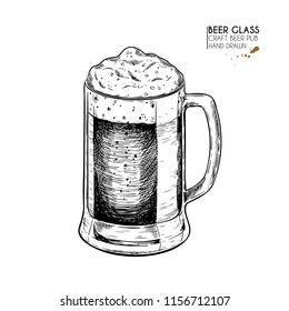Hand drawn beer set. Vector glass beer mug. Oktoberfest engraved icons. Pub alcohol beverages and food. Craft brewery. Use for bar menu, festival decoration, poster, flyer, banner.