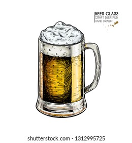 Hand drawn beer set. Vector glass beer mug. Oktoberfest, Sain Patricks day engraved icons. Colored pub alcohol beverages. Craft brewery. Use for bar menu, festival decoration, poster, flyer, banner.