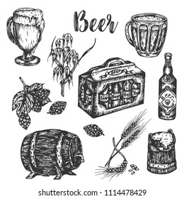 Hand drawn beer set Vintage vector color engraving illustration for web, poster, invitation, for beer menu. Vector