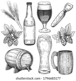 Hand drawn beer. Sketch beer glasses, mugs and barrel, bottle. Hops, malt and barley, objects for pub menu drinks engraving vector set. Cafe design isolated elements. Craft beer beverage