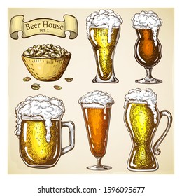 hand drawn beer with snack isolated on grunge backdrop. various types of beer glasses set in vintage style. Beer mugs with liquid dripping froth and pistachios. craft beer, food and appetizer in bar.