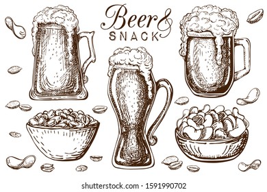 hand drawn beer and snacks collection isolated on white. Bar or Pub food set in vintage style. Beer mugs with liquid dropping froth and peanuts, pistachios, chips. craft beer food and appetizer in bar