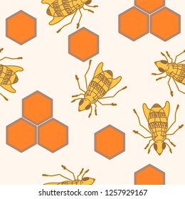 Hand drawn bees and honeycomb vector seamless pattern.