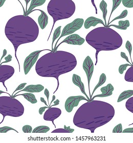 Hand drawn beet seamless pattern on white background. Doodle beetroot wallpaper. Vector illustration