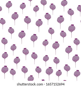 Hand drawn beet seamless pattern on white background. Doodle beetroot backdrop.  Botanical wallpaper. Design for fabric, textile print, wrapping paper, kitchen textiles. Vector illustration