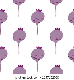 Hand drawn beet seamless pattern on white background. Doodle beetroot backdrop. Botanical wallpaper. Design for fabric, textile print, wrapping paper, kitchen textiles. Vector illustration
